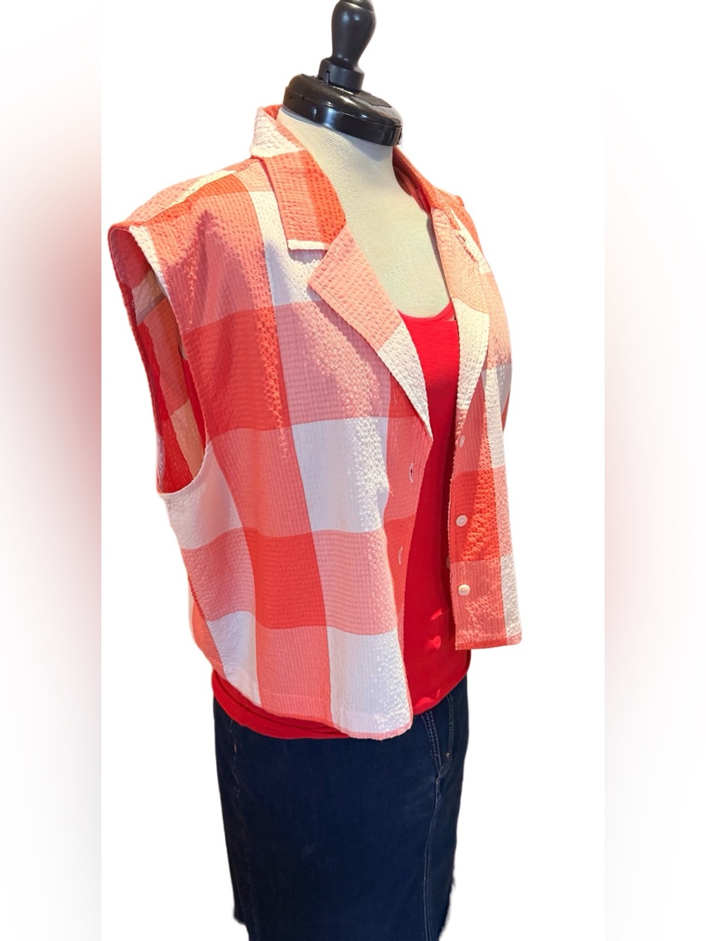 Lou & Grey By LOFT Seersucker Madras Plaid Crop Top/Sleeveless Jacket- Size XXL